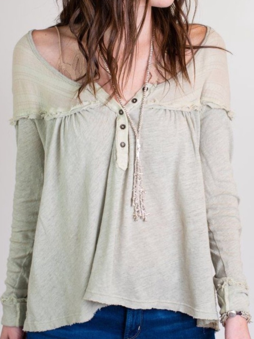 We The Free Down Under Henley Olive Green Long-Sleeve Henley Top cotton/linen XS